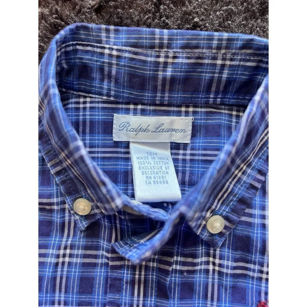 Ralph Lauren Boys Button-Up Blue Cotton Plaid Shirt Collar 12 Months‎